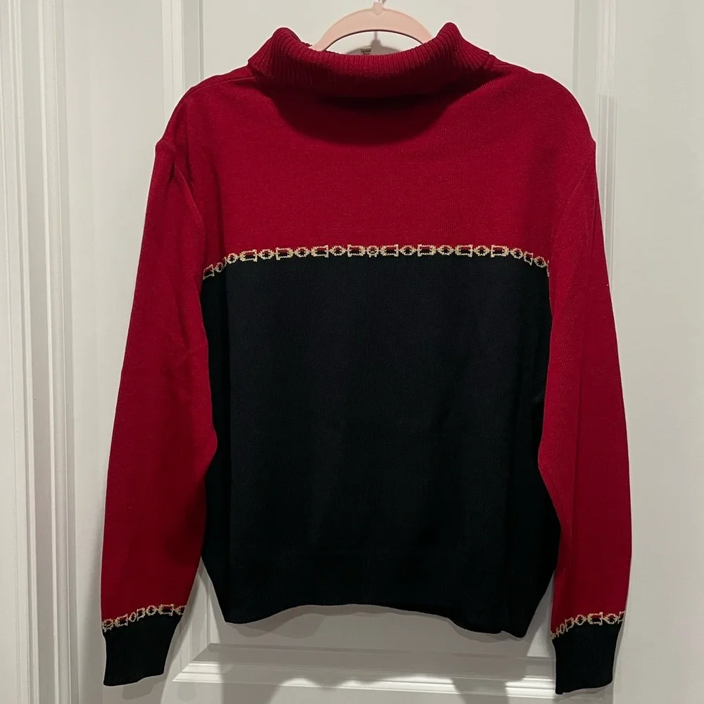 St. John Wool Equestrian Colorblock Turtleneck Sweater Red Black Size Large - Picture 5 of 7